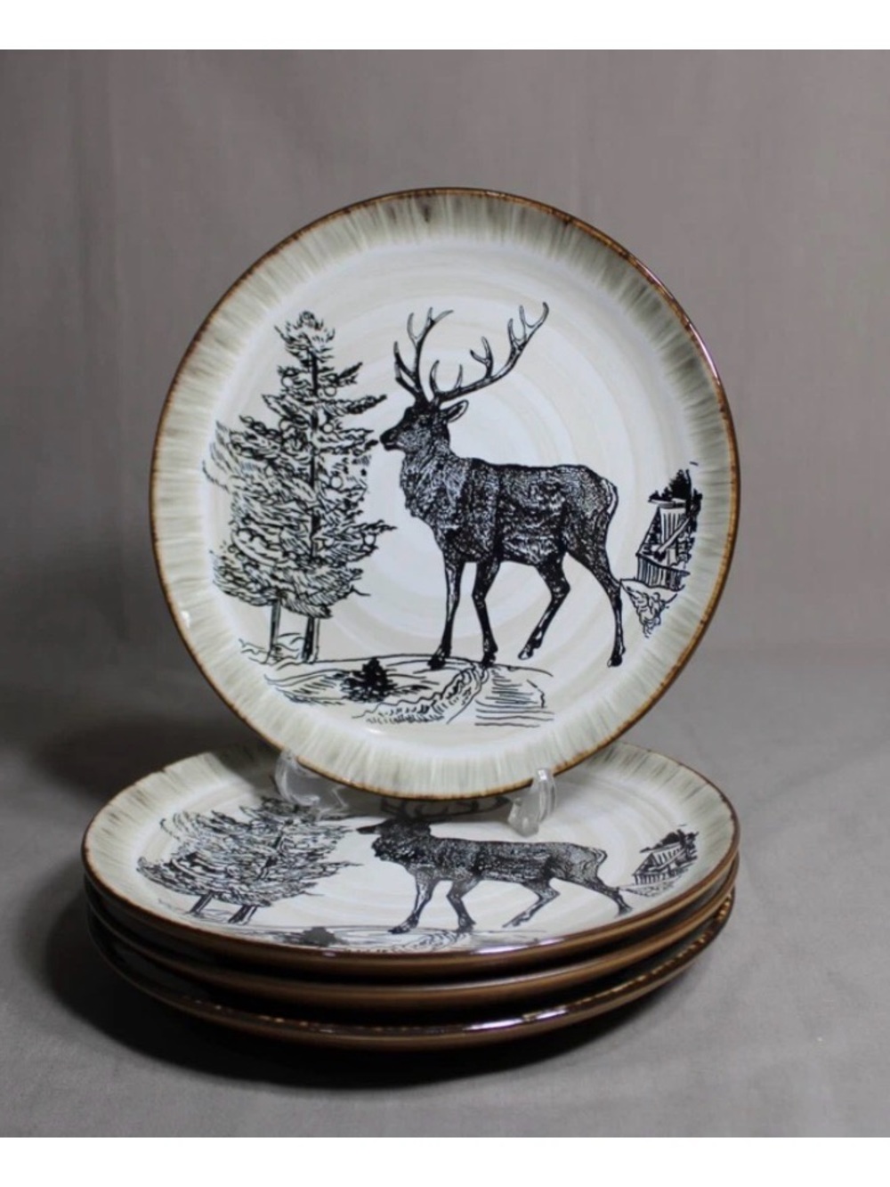 Set Of 4 ELAMA 8" Salad Plates In The Majestic Elk Pattern Cabin Mountain Lodge